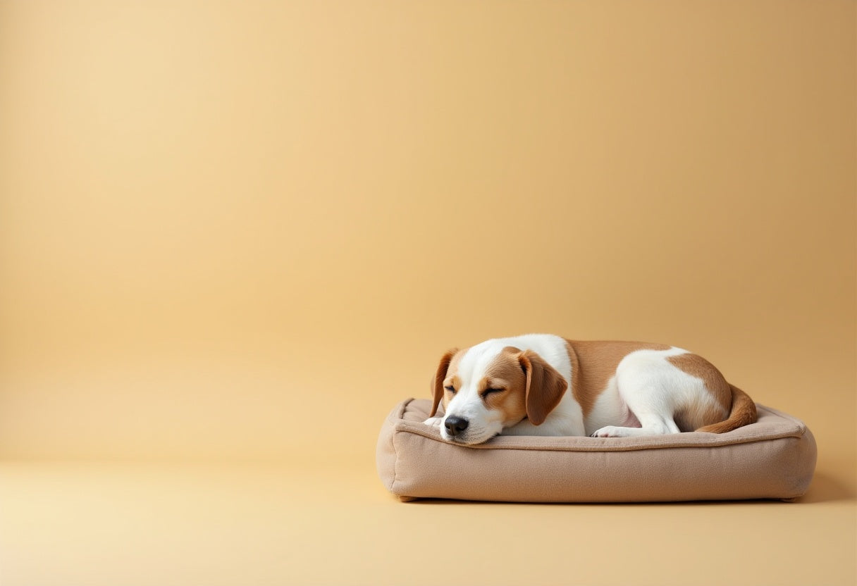 Dog lying on a beige cushion against a beige background
