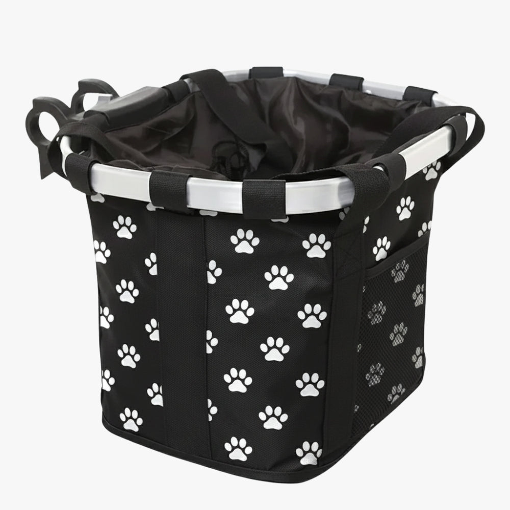 panier-de-velo-pour-chien-noir-motif-pattes-cote
