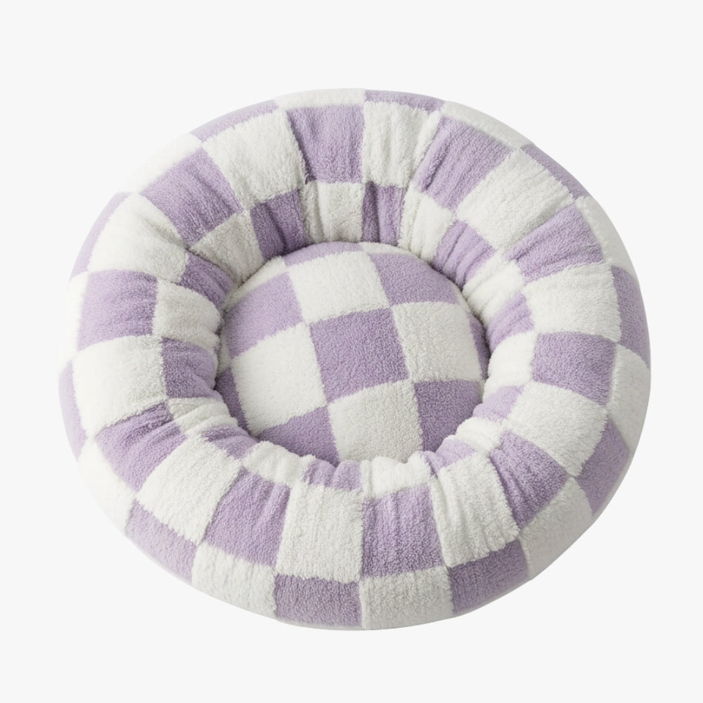 panier-donut-pour-chien-a-carreaux-violet-dessus