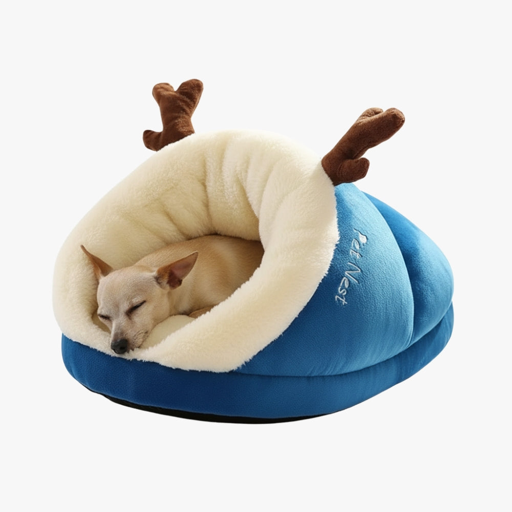 panier-pour-chien-chausson-avec-bois-de-renne-bleu