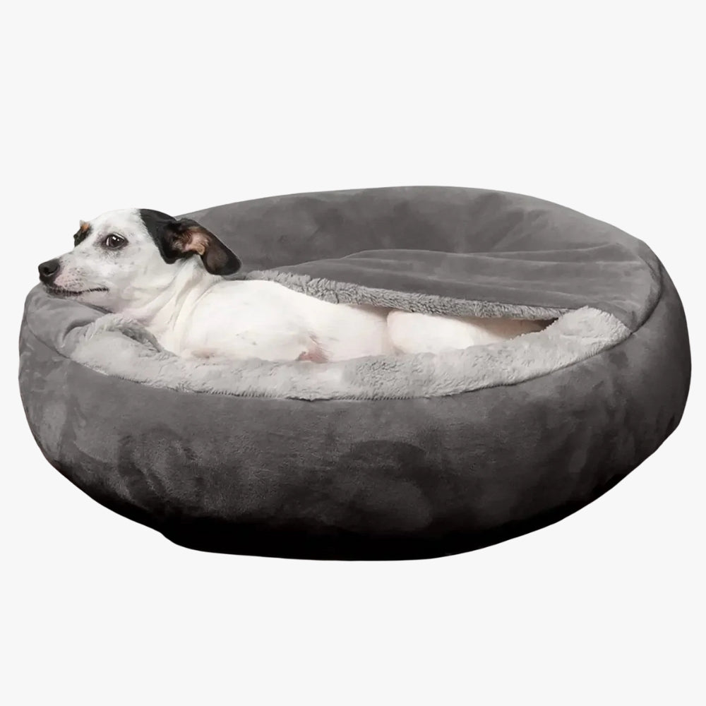 panier-pour-chien-rond-avec-couverture-gris-cote