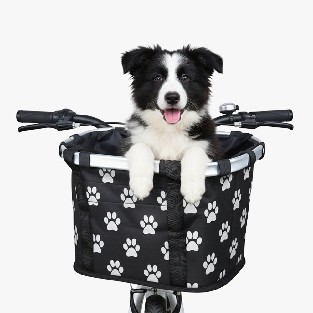 panier tranport vélo chien motif pattes blanches sur noir