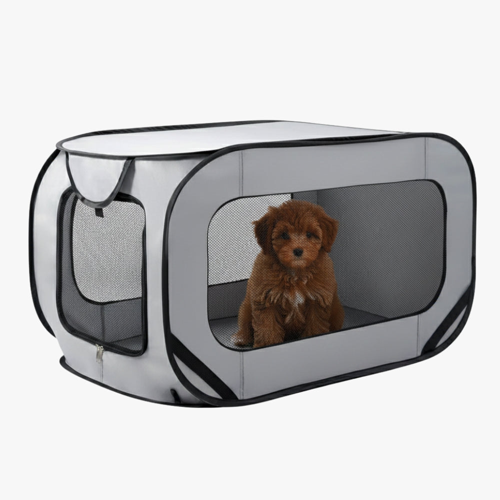 tente-chien-rectangulaire-grise-avec-chien